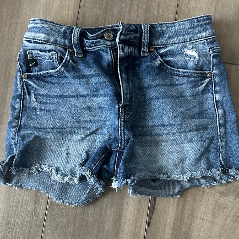 Kancan Frayed Hem Distressed Denim Shorts - Blue